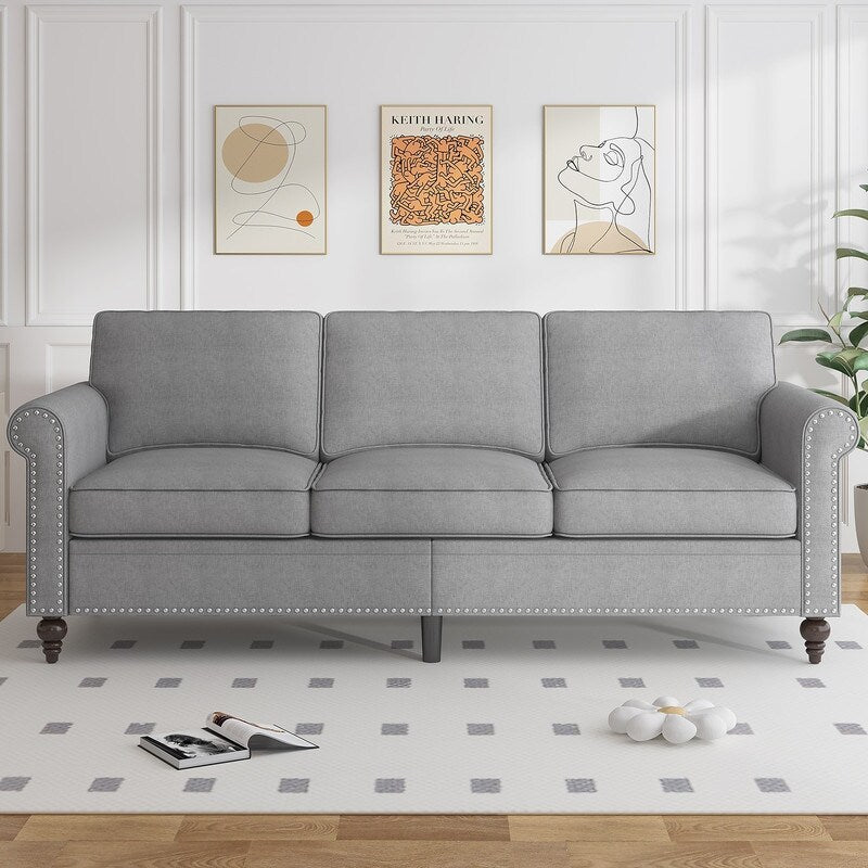 Mixoy W76'' Modern Soft Linen Fabric 3-Seater Sofa Couch with Rivet Design for Living Room