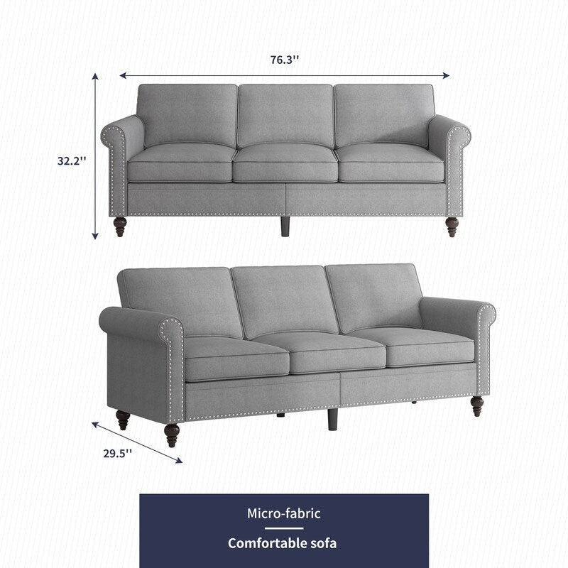 Mixoy W76'' Modern Soft Linen Fabric 3-Seater Sofa Couch with Rivet Design for Living Room