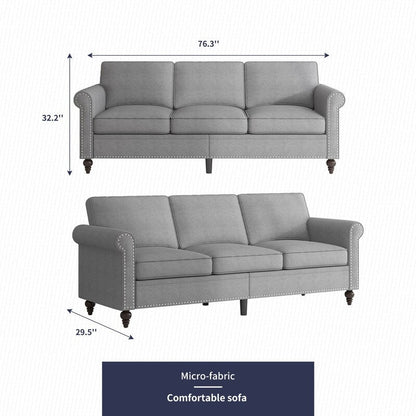 Mixoy W76'' Modern Soft Linen Fabric 3-Seater Sofa Couch with Rivet Design for Living Room
