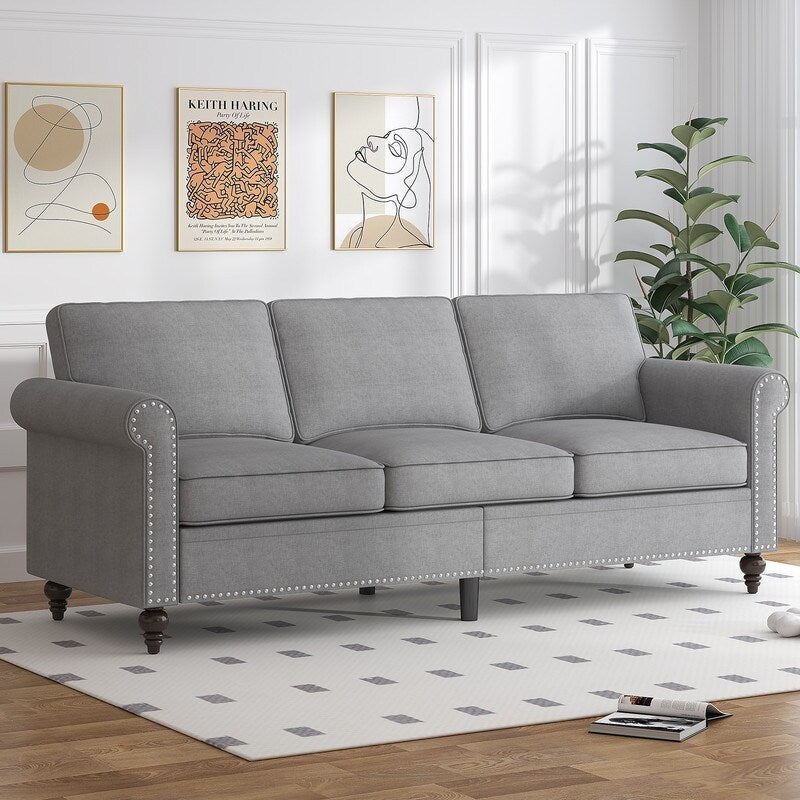 Mixoy W76'' Modern Soft Linen Fabric 3-Seater Sofa Couch with Rivet Design for Living Room