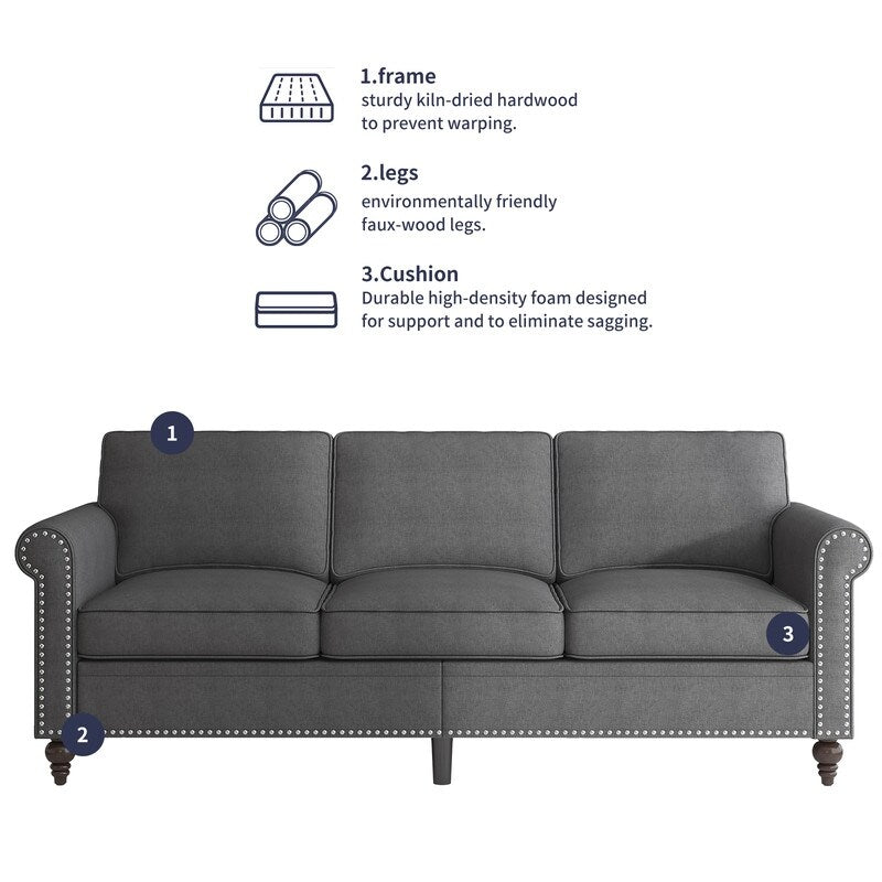 Mixoy W76'' Modern Soft Linen Fabric 3-Seater Sofa Couch with Rivet Design for Living Room
