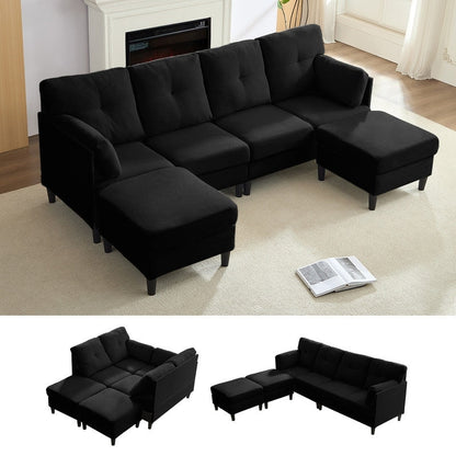 Mixoy W87U-Shaped Sectional Couches,Velvet 4-Seater Convertible Sofa With Movable Storage Ottomans
