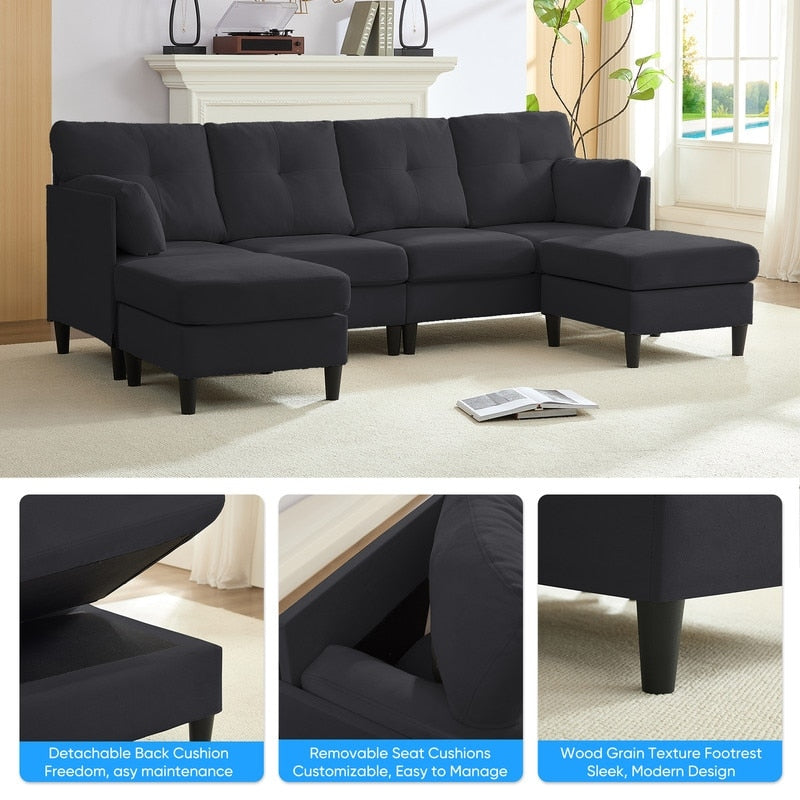 Mixoy W87U-Shaped Sectional Couches,Velvet 4-Seater Convertible Sofa With Movable Storage Ottomans
