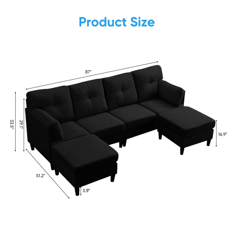 Mixoy W87U-Shaped Sectional Couches,Velvet 4-Seater Convertible Sofa With Movable Storage Ottomans
