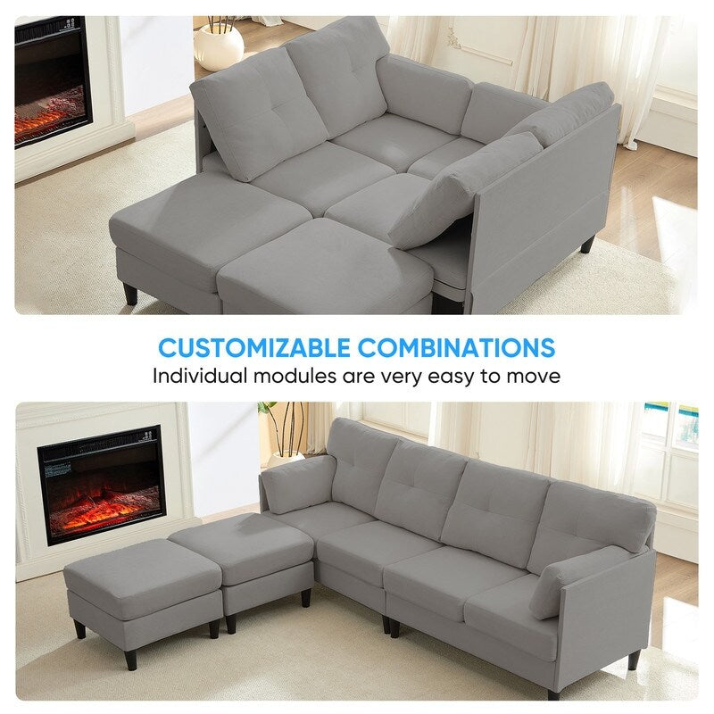 Mixoy W87U-Shaped Sectional Couches,Velvet 4-Seater Convertible Sofa With Movable Storage Ottomans
