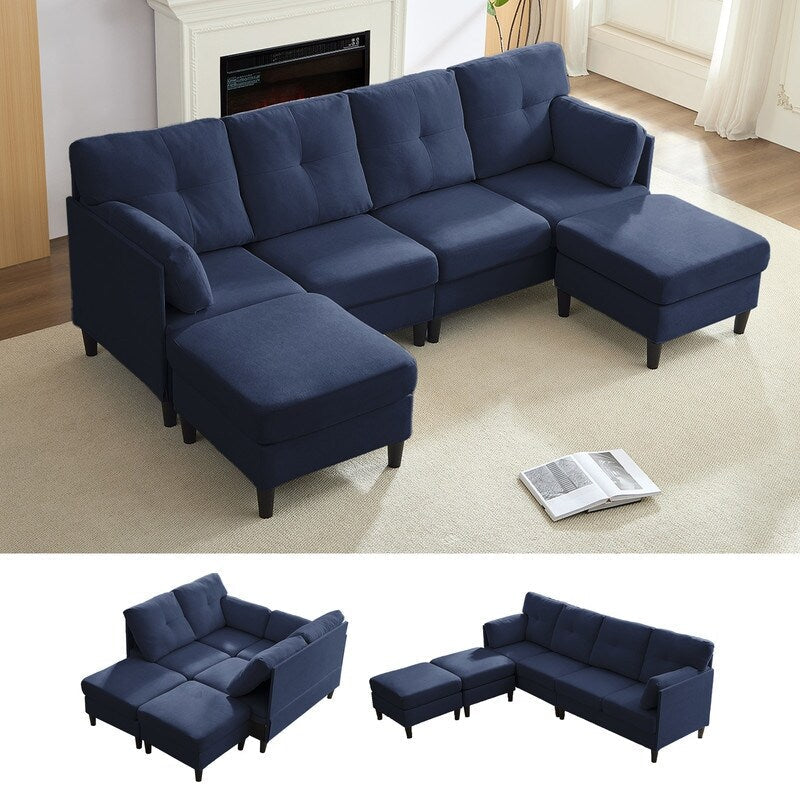 Mixoy W87U-Shaped Sectional Couches,Velvet 4-Seater Convertible Sofa With Movable Storage Ottomans