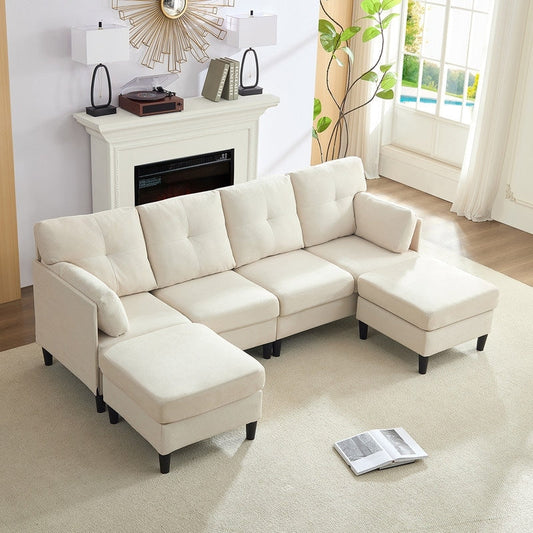 Mixoy W87U-Shaped Sectional Couches,Velvet 4-Seater Convertible Sofa With Movable Storage Ottomans