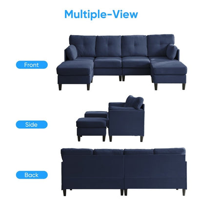 Mixoy W87U-Shaped Sectional Couches,Velvet 4-Seater Convertible Sofa With Movable Storage Ottomans