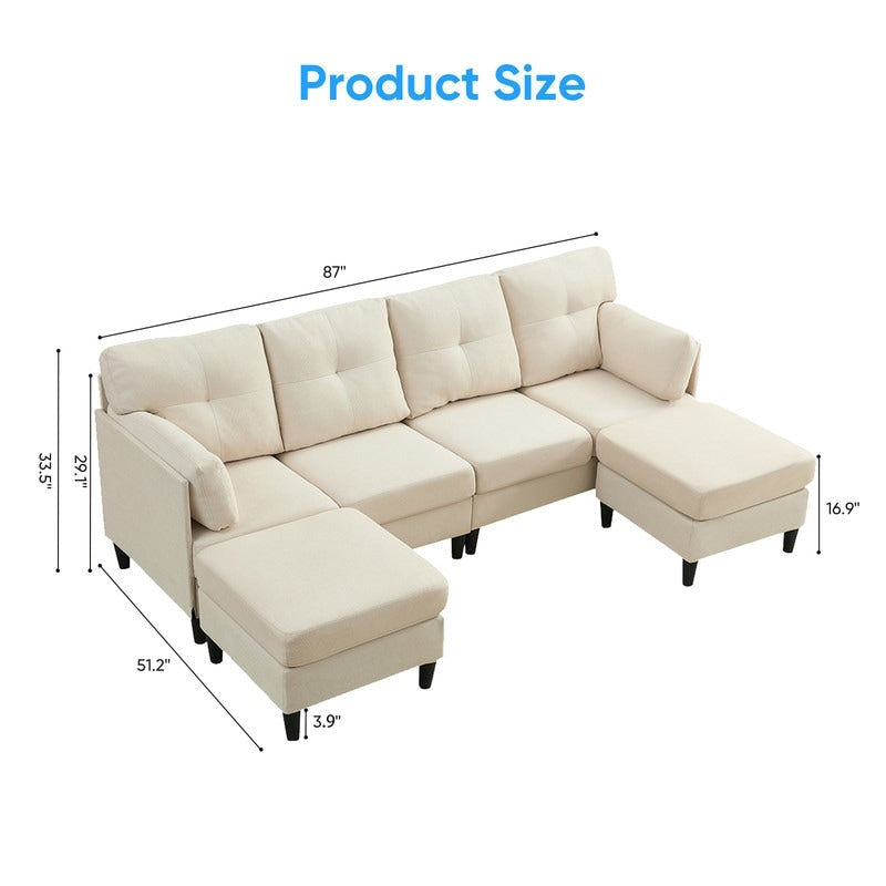 Mixoy W87U-Shaped Sectional Couches,Velvet 4-Seater Convertible Sofa With Movable Storage Ottomans