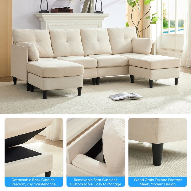 Mixoy W87U-Shaped Sectional Couches,Velvet 4-Seater Convertible Sofa With Movable Storage Ottomans