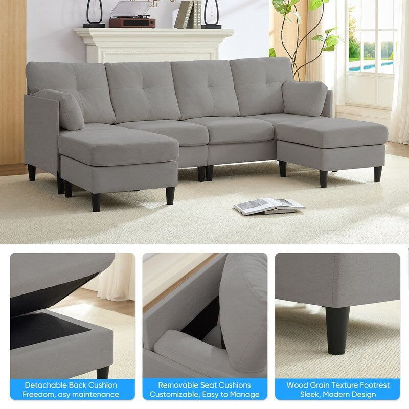 Mixoy W87U-Shaped Sectional Couches,Velvet 4-Seater Convertible Sofa With Movable Storage Ottomans
