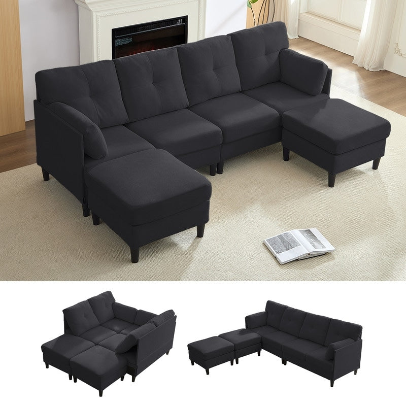 Mixoy W87U-Shaped Sectional Couches,Velvet 4-Seater Convertible Sofa With Movable Storage Ottomans