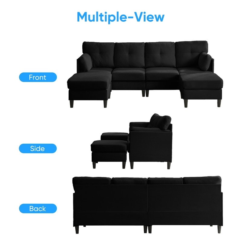 Mixoy W87U-Shaped Sectional Couches,Velvet 4-Seater Convertible Sofa With Movable Storage Ottomans
