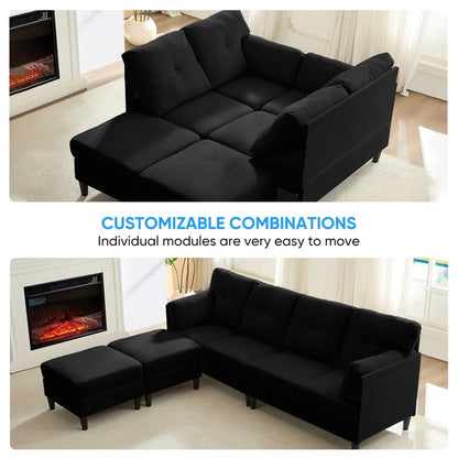Mixoy W87U-Shaped Sectional Couches,Velvet 4-Seater Convertible Sofa With Movable Storage Ottomans