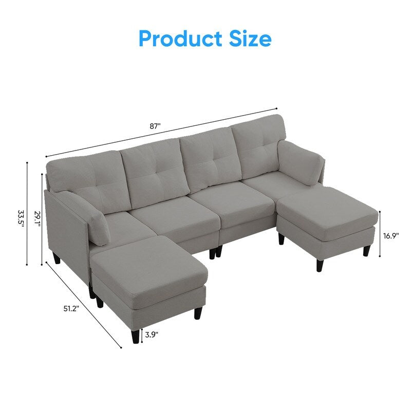 Mixoy W87U-Shaped Sectional Couches,Velvet 4-Seater Convertible Sofa With Movable Storage Ottomans