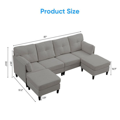 Mixoy W87U-Shaped Sectional Couches,Velvet 4-Seater Convertible Sofa With Movable Storage Ottomans
