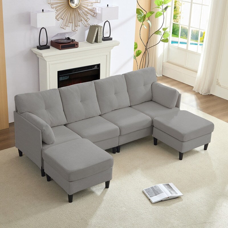 Mixoy W87U-Shaped Sectional Couches,Velvet 4-Seater Convertible Sofa With Movable Storage Ottomans