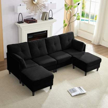 Mixoy W87U-Shaped Sectional Couches,Velvet 4-Seater Convertible Sofa With Movable Storage Ottomans