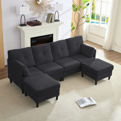 Mixoy W87U-Shaped Sectional Couches,Velvet 4-Seater Convertible Sofa With Movable Storage Ottomans