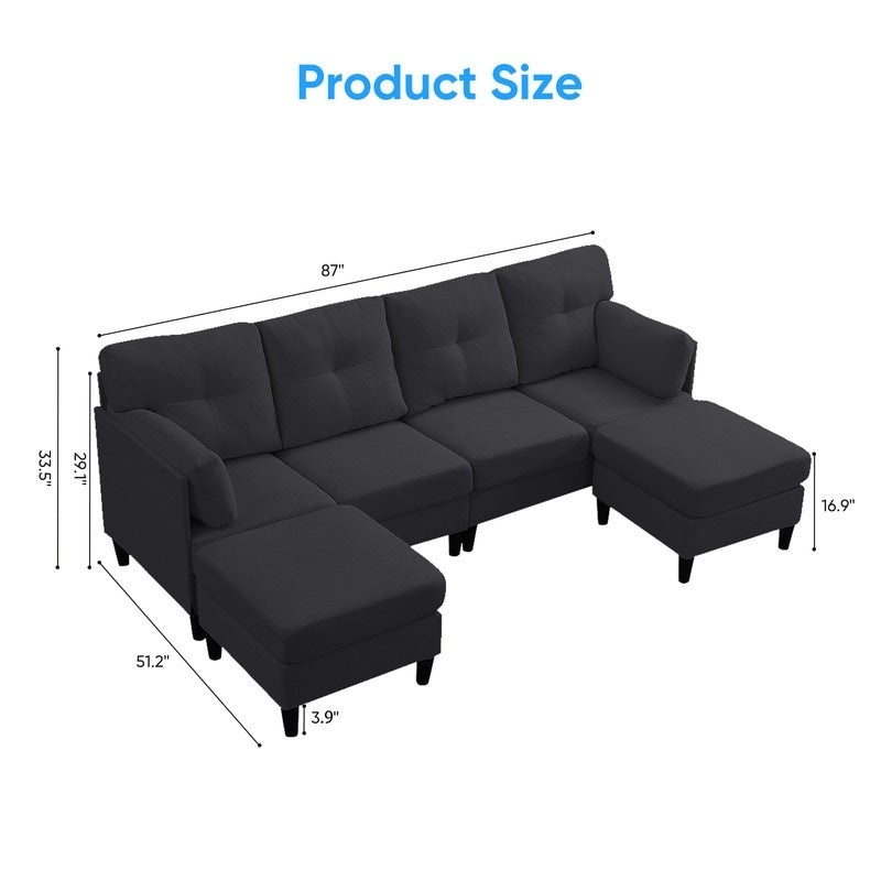 Mixoy W87U-Shaped Sectional Couches,Velvet 4-Seater Convertible Sofa With Movable Storage Ottomans