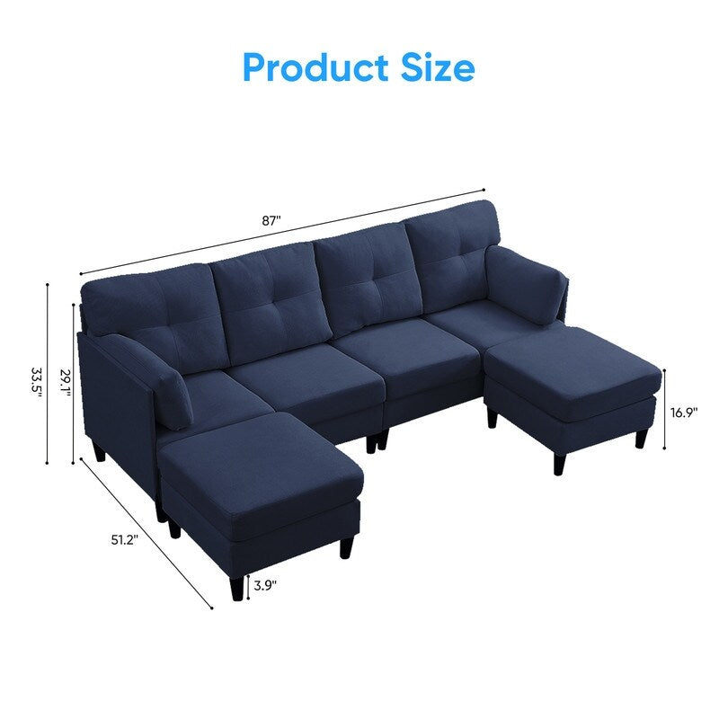 Mixoy W87U-Shaped Sectional Couches,Velvet 4-Seater Convertible Sofa With Movable Storage Ottomans