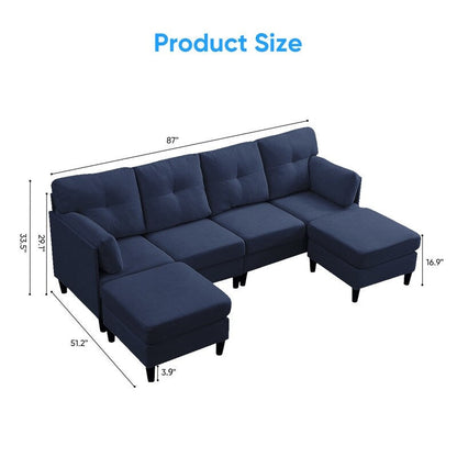 Mixoy W87U-Shaped Sectional Couches,Velvet 4-Seater Convertible Sofa With Movable Storage Ottomans