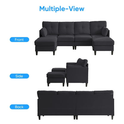 Mixoy W87U-Shaped Sectional Couches,Velvet 4-Seater Convertible Sofa With Movable Storage Ottomans