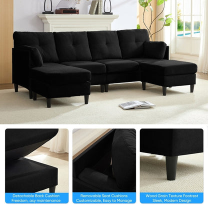 Mixoy W87U-Shaped Sectional Couches,Velvet 4-Seater Convertible Sofa With Movable Storage Ottomans