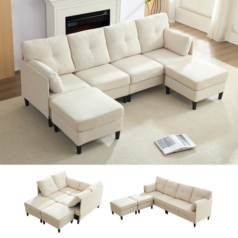 Mixoy W87U-Shaped Sectional Couches,Velvet 4-Seater Convertible Sofa With Movable Storage Ottomans