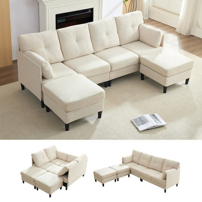 Mixoy W87U-Shaped Sectional Couches,Velvet 4-Seater Convertible Sofa With Movable Storage Ottomans