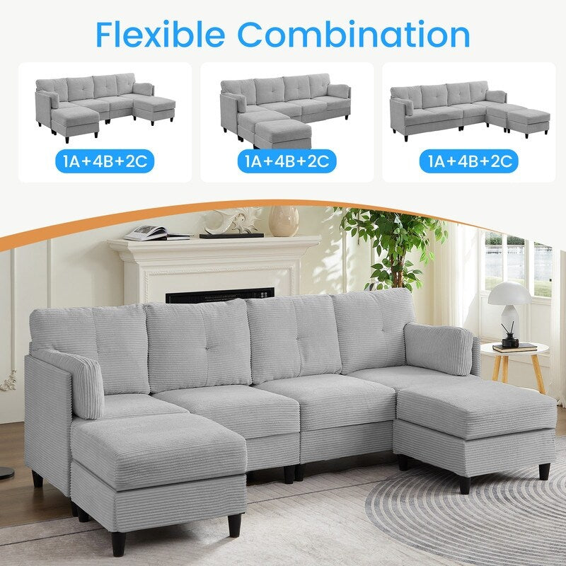 Mixoy W89inch U-Shaped Corduroy Sectional Sofa with Reversible Ottoman,Upholstered 4-Seater Sofa