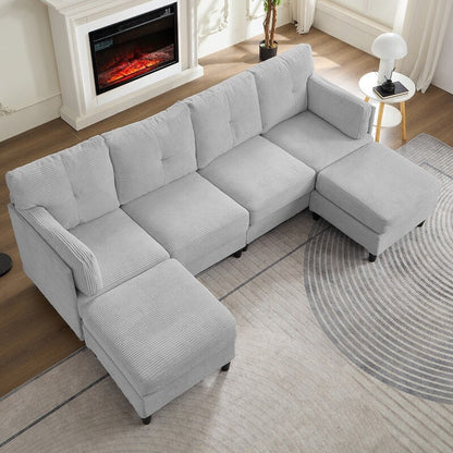 Mixoy W89inch U-Shaped Corduroy Sectional Sofa with Reversible Ottoman,Upholstered 4-Seater Sofa