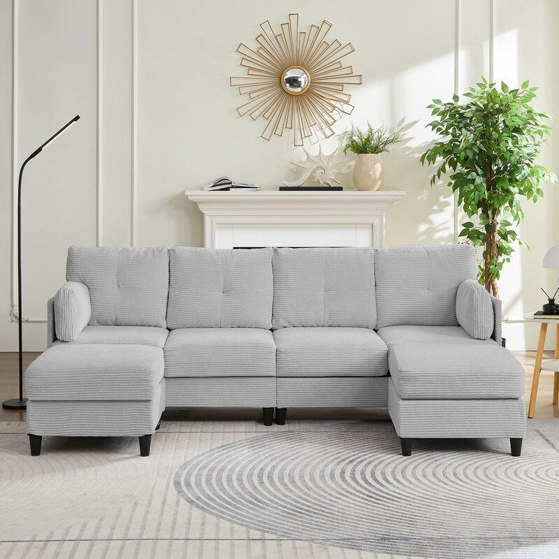 Mixoy W89inch U-Shaped Corduroy Sectional Sofa with Reversible Ottoman,Upholstered 4-Seater Sofa