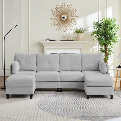 Mixoy W89inch U-Shaped Corduroy Sectional Sofa with Reversible Ottoman,Upholstered 4-Seater Sofa