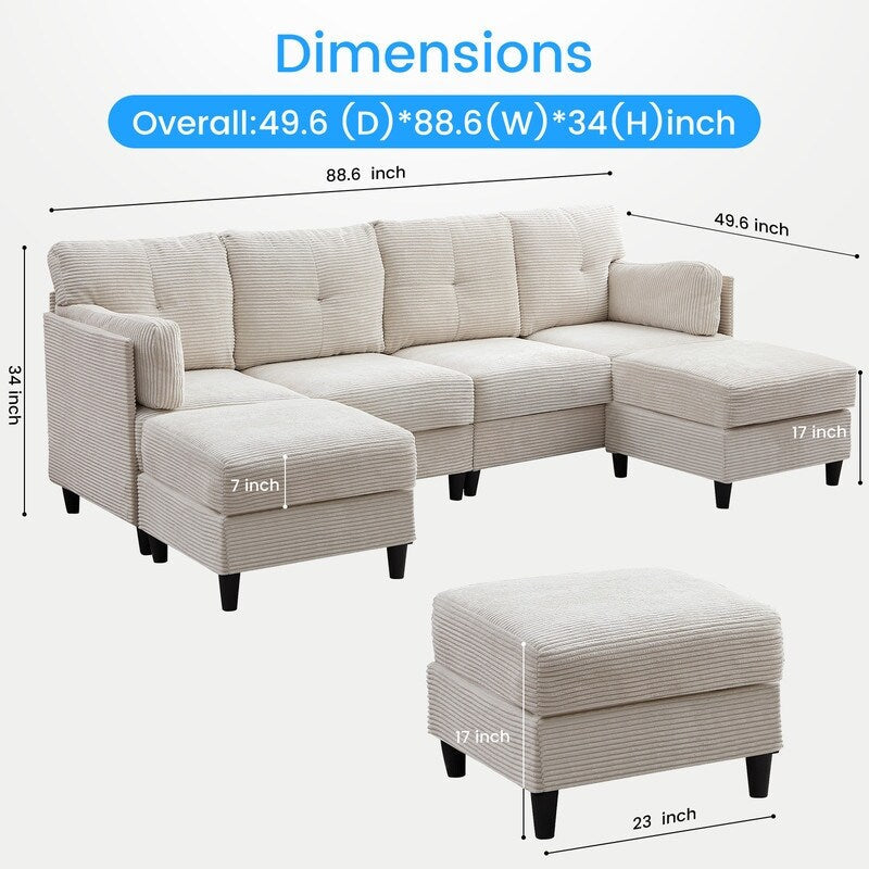 Mixoy W89inch U-Shaped Corduroy Sectional Sofa with Reversible Ottoman,Upholstered 4-Seater Sofa
