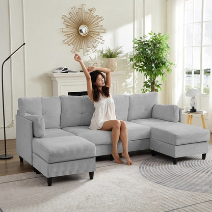 Mixoy W89inch U-Shaped Corduroy Sectional Sofa with Reversible Ottoman,Upholstered 4-Seater Sofa