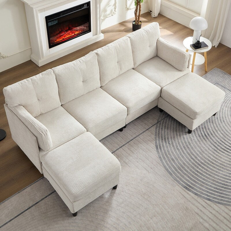 Mixoy W89inch U-Shaped Corduroy Sectional Sofa with Reversible Ottoman,Upholstered 4-Seater Sofa