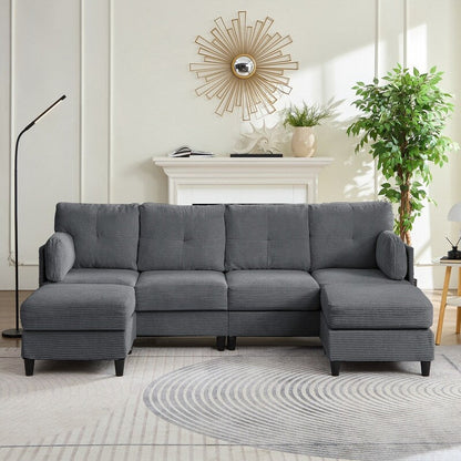 Mixoy W89inch U-Shaped Corduroy Sectional Sofa with Reversible Ottoman,Upholstered 4-Seater Sofa