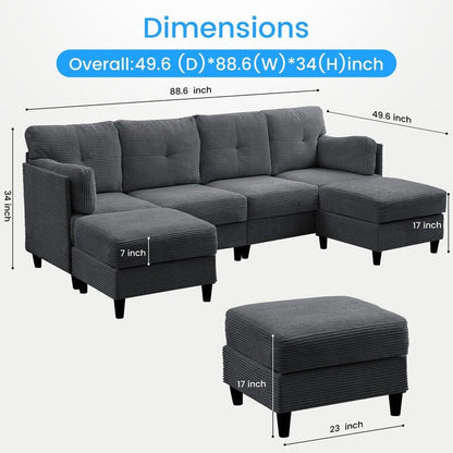 Mixoy W89inch U-Shaped Corduroy Sectional Sofa with Reversible Ottoman,Upholstered 4-Seater Sofa