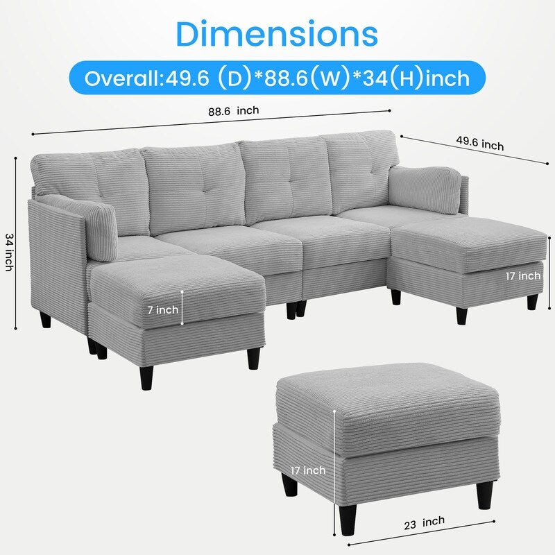 Mixoy W89inch U-Shaped Corduroy Sectional Sofa with Reversible Ottoman,Upholstered 4-Seater Sofa