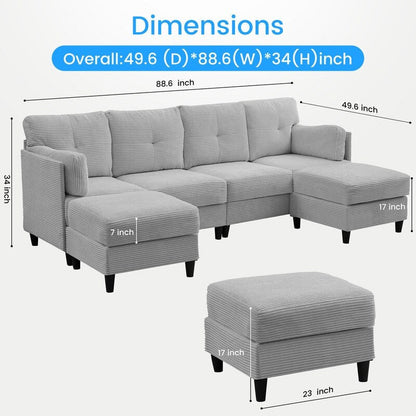 Mixoy W89inch U-Shaped Corduroy Sectional Sofa with Reversible Ottoman,Upholstered 4-Seater Sofa