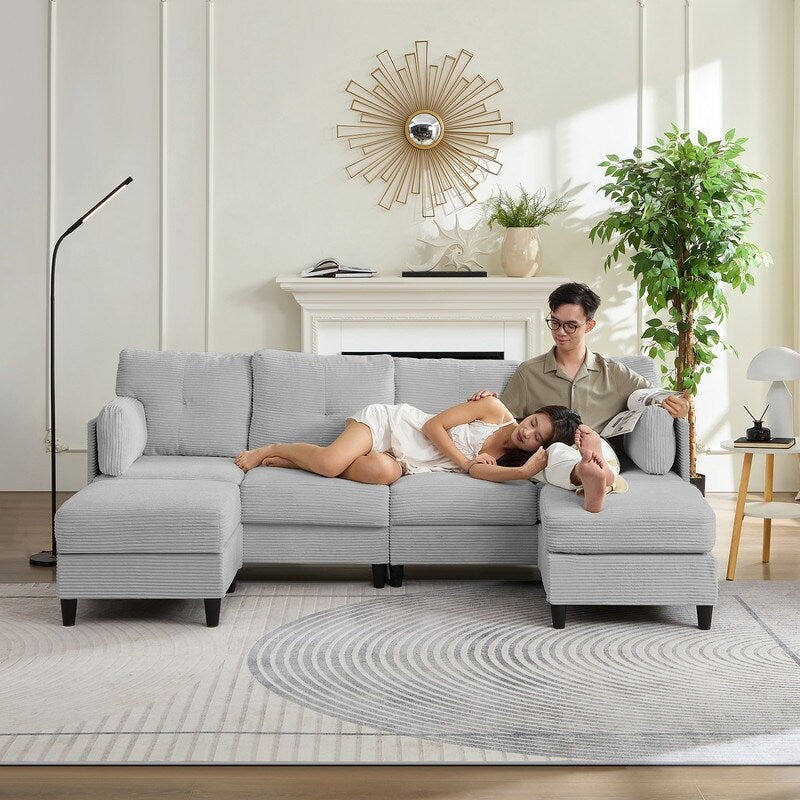 Mixoy W89inch U-Shaped Corduroy Sectional Sofa with Reversible Ottoman,Upholstered 4-Seater Sofa
