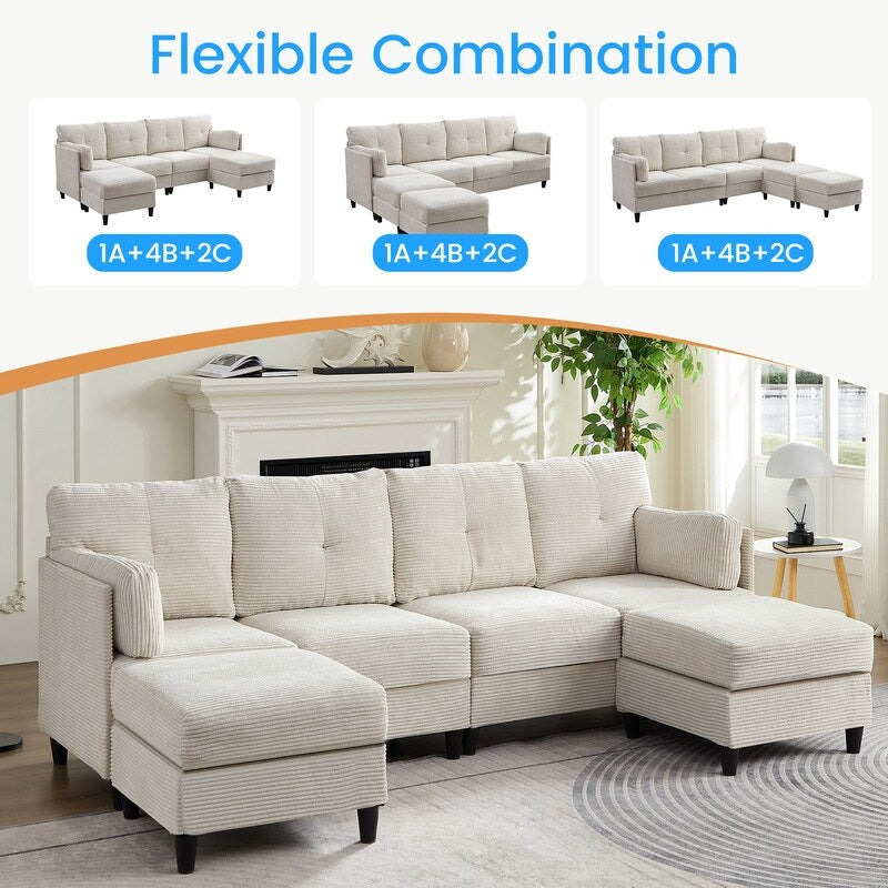 Mixoy W89inch U-Shaped Corduroy Sectional Sofa with Reversible Ottoman,Upholstered 4-Seater Sofa
