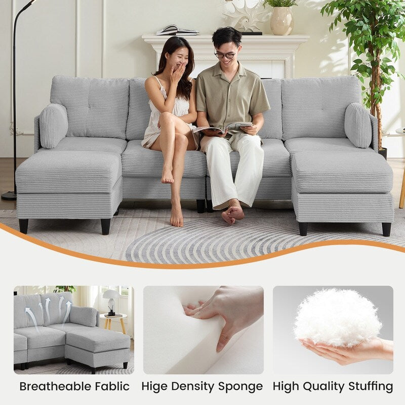 Mixoy W89inch U-Shaped Corduroy Sectional Sofa with Reversible Ottoman,Upholstered 4-Seater Sofa