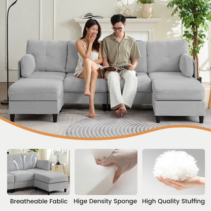 Mixoy W89inch U-Shaped Corduroy Sectional Sofa with Reversible Ottoman,Upholstered 4-Seater Sofa