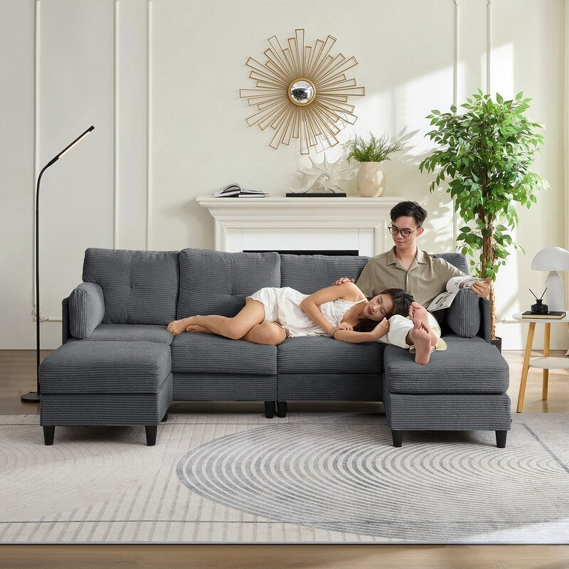 Mixoy W89inch U-Shaped Corduroy Sectional Sofa with Reversible Ottoman,Upholstered 4-Seater Sofa