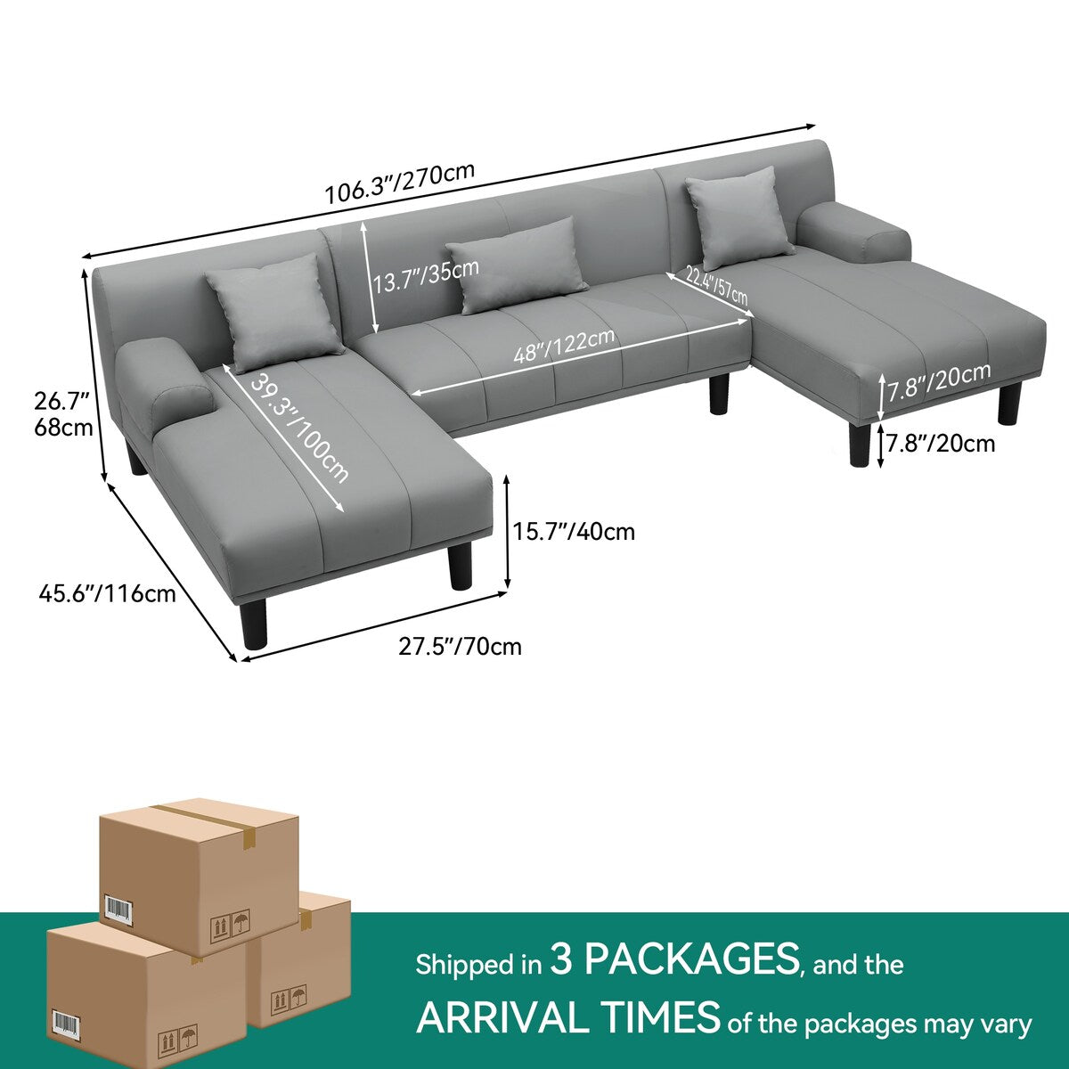 Moasis 106 PU Sectional Couches U Shaped Sofa Modern Modular Couch - 106.3 L x 45.6 W x 26.7 H