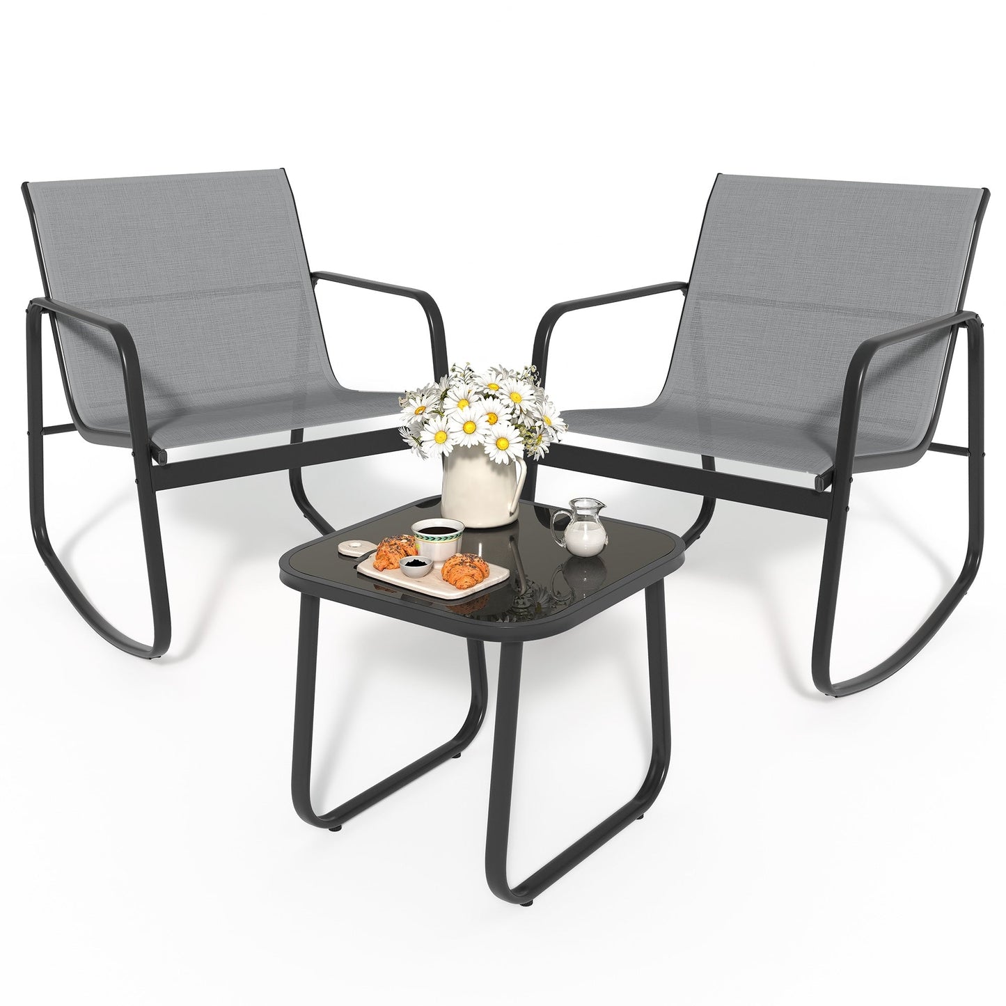 Moasis 3 Piece Rocking Patio Furniture Bistro Set with Chairs and Glass Table