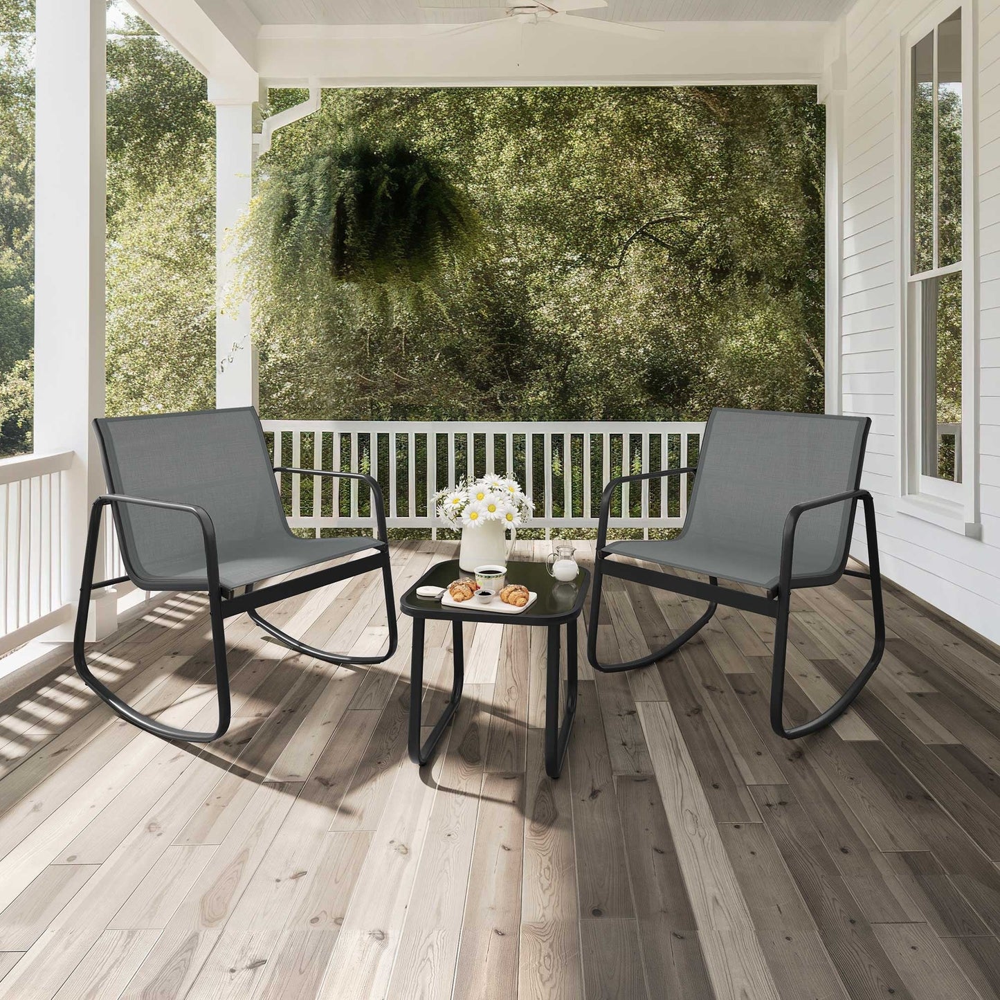 Moasis 3 Piece Rocking Patio Furniture Bistro Set with Chairs and Glass Table