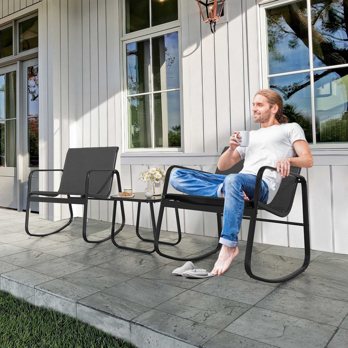 Moasis 3 Piece Rocking Patio Furniture Bistro Set with Chairs and Glass Table